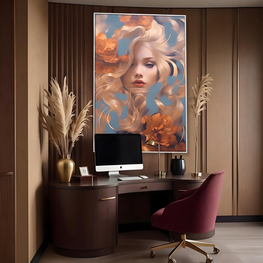 Tablou canvas cu portret de femeie cu flori portocalii, in rama de aluminiu argintiu, pe perete intr-un birou